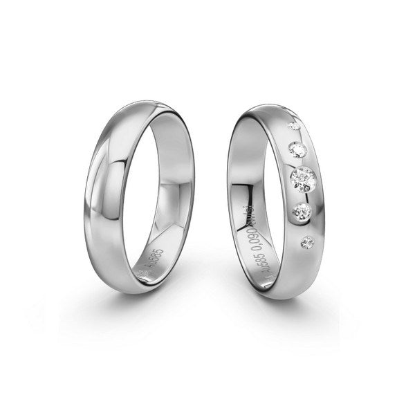 Romantiske Siersbøl vielsesringe i 14 karat hvidguld med 0,08 ct diamanter, blank overflade og blød profil #1.